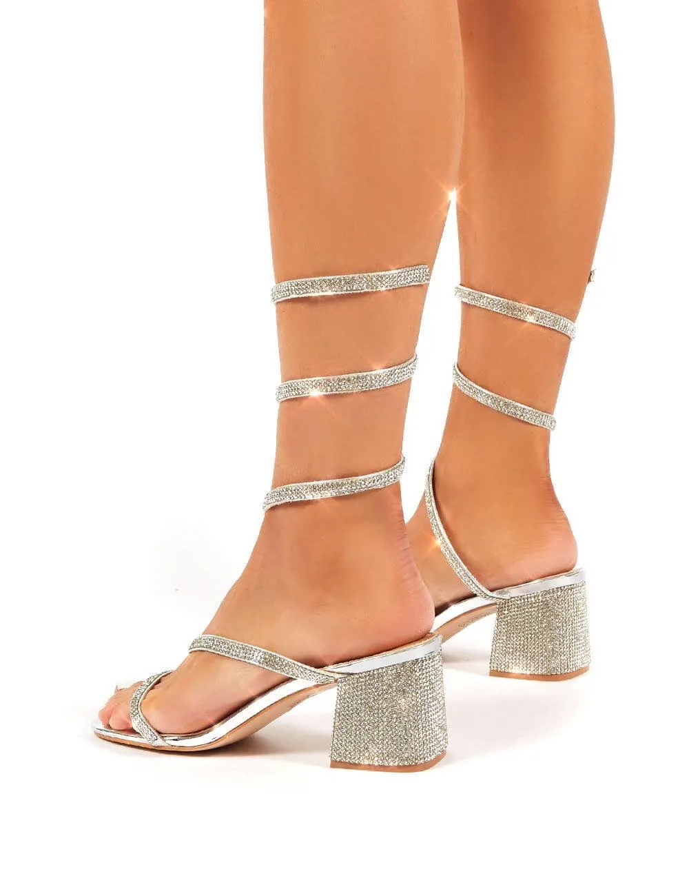 Meera Silver Wrap Around Ankle Mid Block Heels