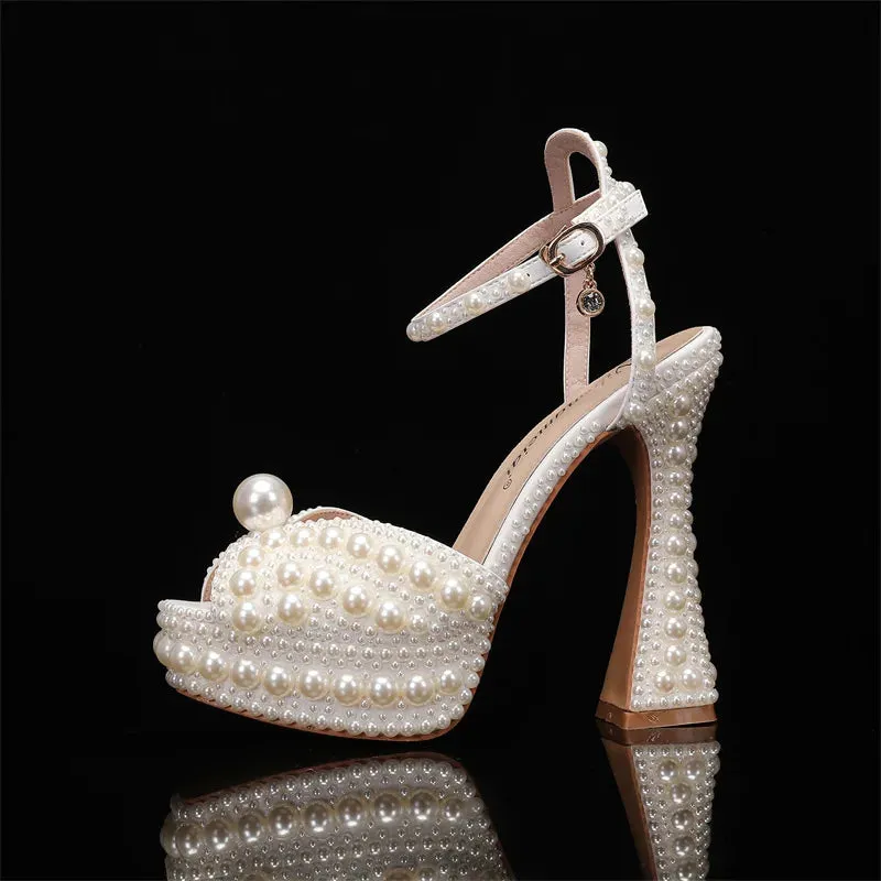 Wjczt luxury Women Sandals Fashion High Quality Wedding Shoes Women New Pearls Studs Luxury Peep Toe High Heels Buckle Woman Sandal 43