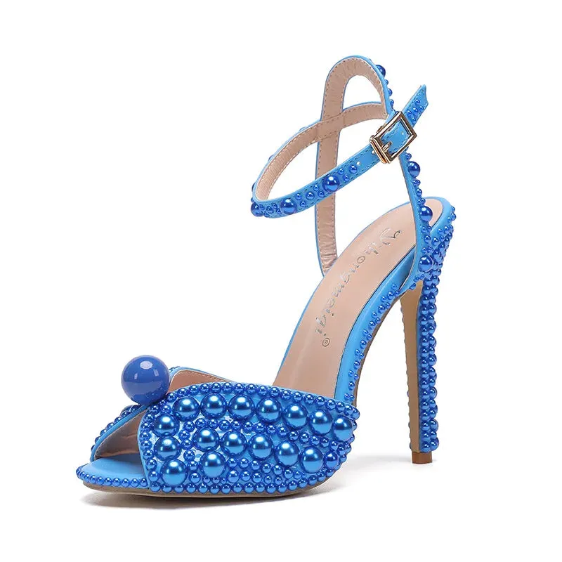 Wjczt luxury Women Sandals Fashion High Quality Wedding Shoes Women New Pearls Studs Luxury Peep Toe High Heels Buckle Woman Sandal 43