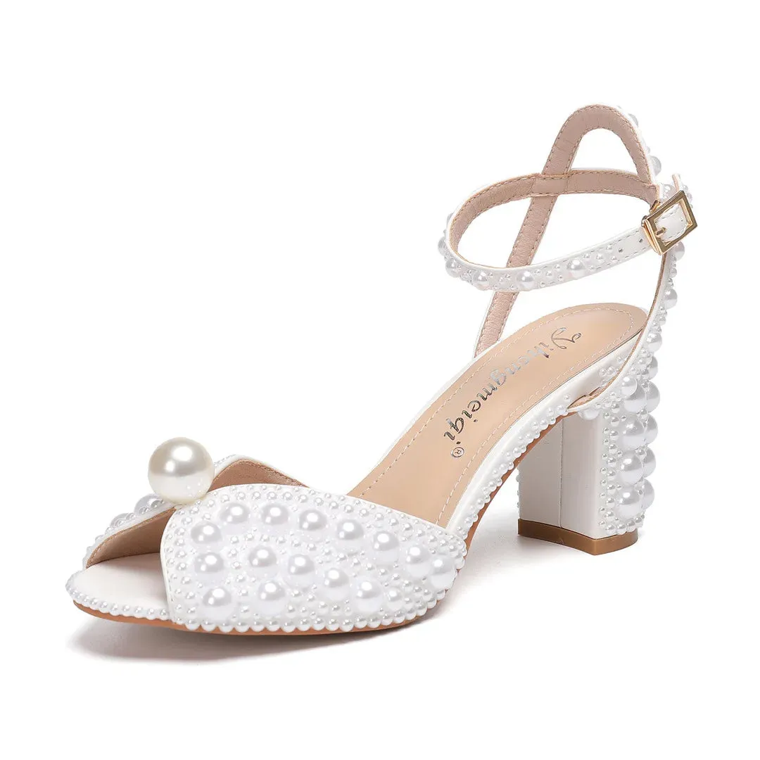 Wjczt luxury Women Sandals Fashion High Quality Wedding Shoes Women New Pearls Studs Luxury Peep Toe High Heels Buckle Woman Sandal 43