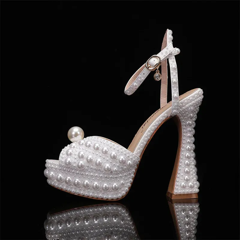 Wjczt luxury Women Sandals Fashion High Quality Wedding Shoes Women New Pearls Studs Luxury Peep Toe High Heels Buckle Woman Sandal 43