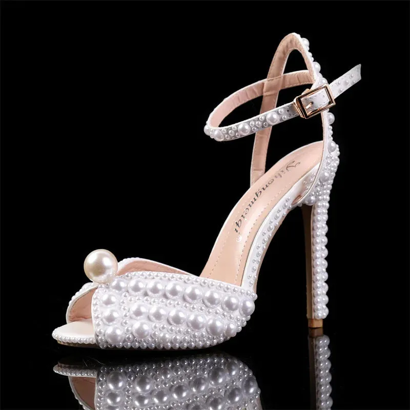 Wjczt luxury Women Sandals Fashion High Quality Wedding Shoes Women New Pearls Studs Luxury Peep Toe High Heels Buckle Woman Sandal 43