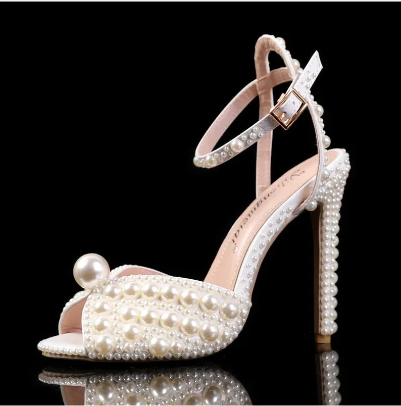 Wjczt luxury Women Sandals Fashion High Quality Wedding Shoes Women New Pearls Studs Luxury Peep Toe High Heels Buckle Woman Sandal 43