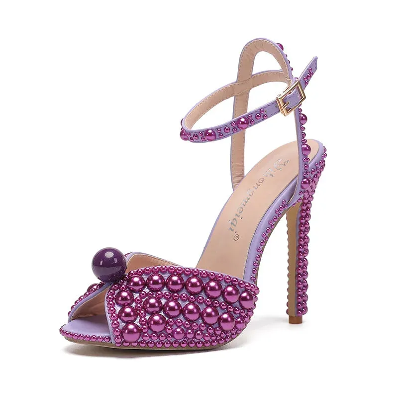 Wjczt luxury Women Sandals Fashion High Quality Wedding Shoes Women New Pearls Studs Luxury Peep Toe High Heels Buckle Woman Sandal 43